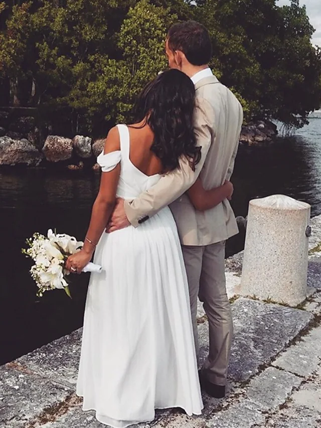 Luolandi Wedding Dresses V Neck Floor Length Chiffon Short Sleeve Country Simple Beach